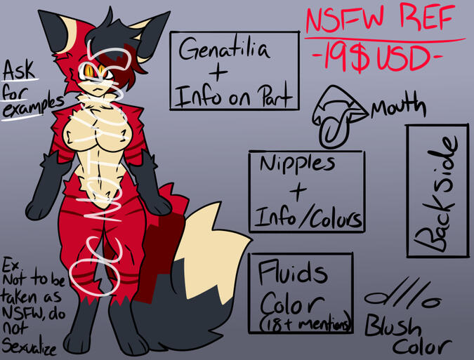NSFW Reference Sheet! "Example" here is suggestive for show and just in case minors don't listen and search this page anyways. If you wish to see examples, ask and have ID ready!