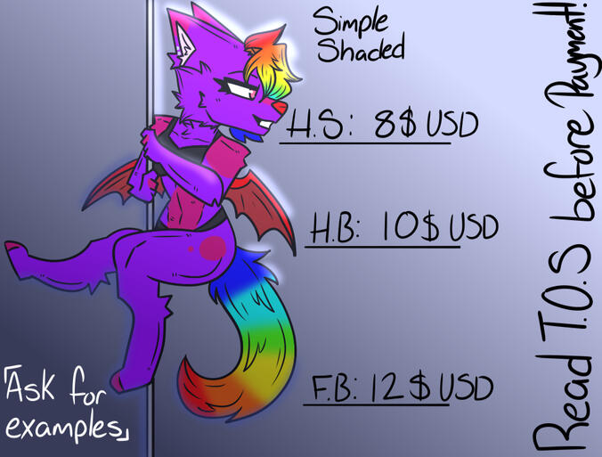 Simple shaded comms! "Example" here is suggestive for show and just in case minors don't listen and search this page anyways. If you wish to see examples, ask and have ID ready!